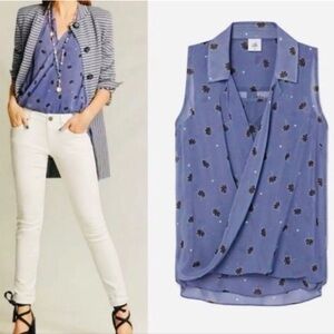 CAbi Blue Sleeveless Top with Black Floral Pattern